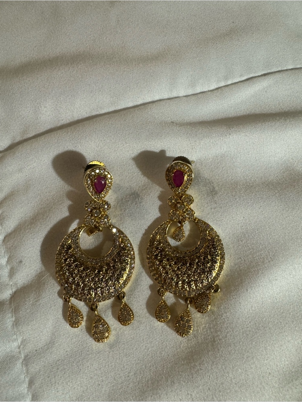 Elegant Gold Drop Earrings with Pink Gem Accents